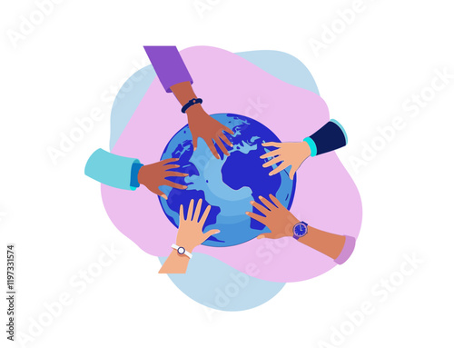 hand diverse people globe team multicultural person cooperating together vector illustration teamwork support partnership trust concept banner website design landing page