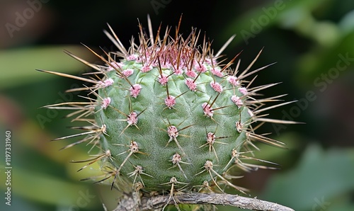 Spiky green cactus with pink crown in blurred natural background, ideal for desert themes photo