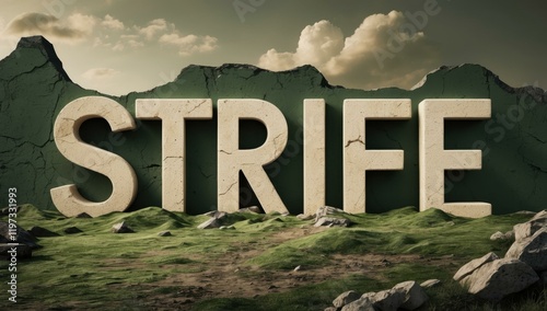 STRIFE text title in center and battlefield struggle conflict clash fight warfare in army green ivory stone colors