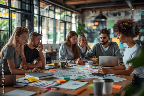 A group of people are sitting around a table with a laptop and a whiteboard