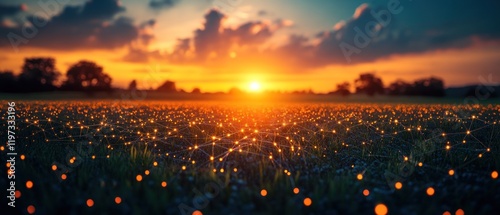 A serene sunset over a field illuminated by glowing lights, creating a magical atmosphere.