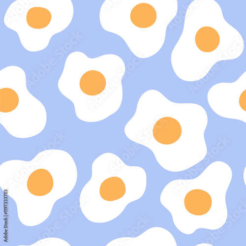 Vibrant seamless vector patterns with fried eggs on blue background for stylish stationery and prints
