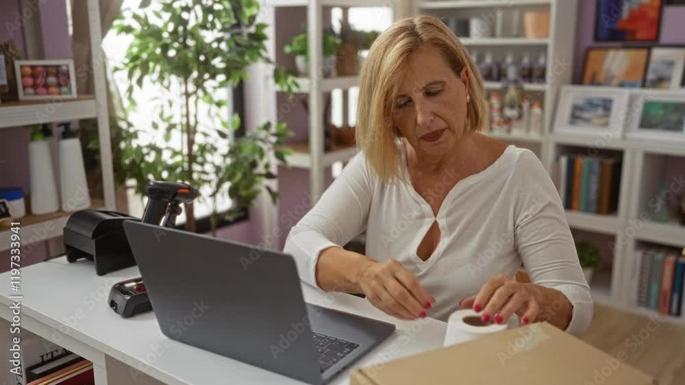 Woman working with packaging in a home decor store interior while using a laptop and barcode scanner showcasing a beautiful and mature setup surrounded by books and plants Woman working with packaging in a home decor store interior while using a laptop and barcode scanner showcasing a beautiful and mature setup surrounded by books and plants