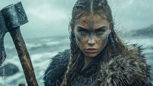 Fierce Viking Warrior Woman with Intricate Face and Body Tattoos in Diverse Natural Settings, from Stormy Seas to Misty Forests, Showcasing Strength, Beauty, and Battle Readiness photo