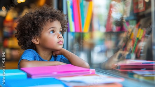 Pensive Multiracial Child at Stationery Store Window, Thoughtful Moments and Colorful Supplies for School Design