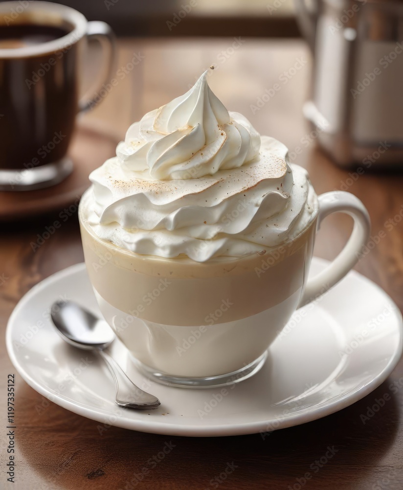 A delicate cup of coffee with a dollop of whipped cream on top, beverage, treat A delicate cup of coffee with a dollop of whipped cream on top, beverage, treat