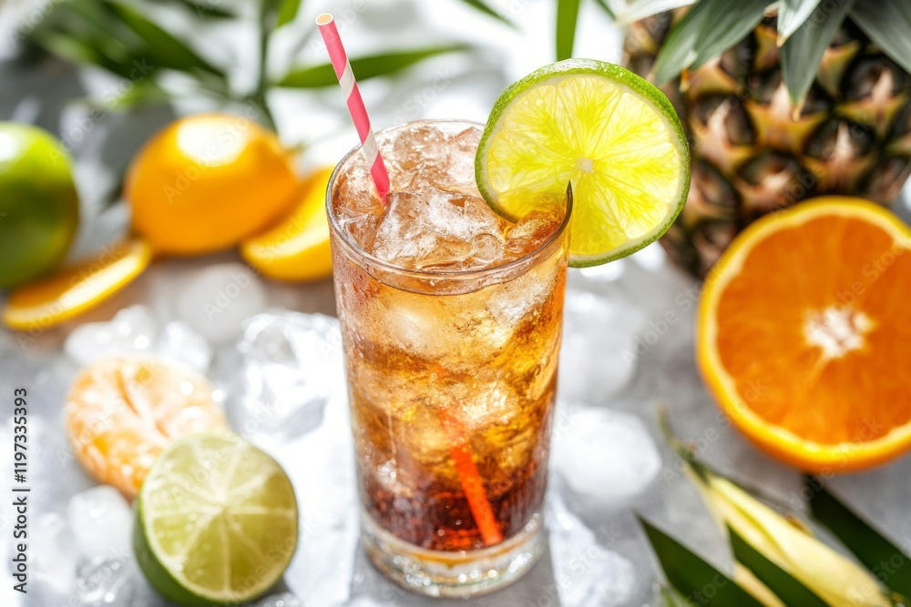 Fototapeta premium Cola and rum.Lime cocktail.Cuba libre.Classic cuba libre.Rum cocktail.A Cuba Libre cocktail with crushed ice, served with a paper straw, surrounded by tropical fruits