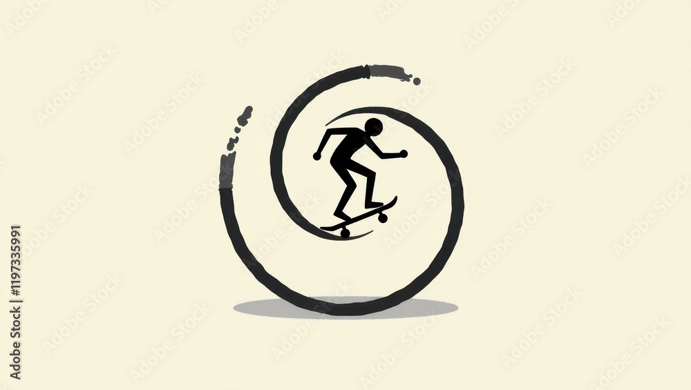 Surfer silhouette black figure riding stylized wave spiral dynamic motion summer beach sport adventure lifestyle creativity concept minimalist beige background Surfer silhouette black figure riding stylized wave spiral dynamic motion summer beach sport adventure lifestyle creativity concept minimalist beige background