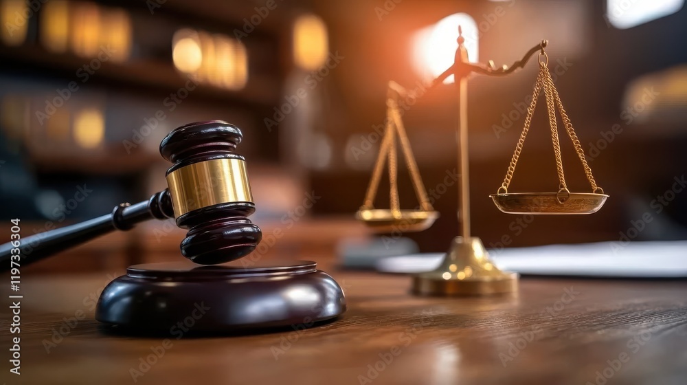 close up of gavel and legal scales on judge desk, symbolizing justice and law. warm lighting creates serious and professional atmosphere in legal setting close up of gavel and legal scales on judge desk, symbolizing justice and law. warm lighting creates serious and professional atmosphere in legal setting