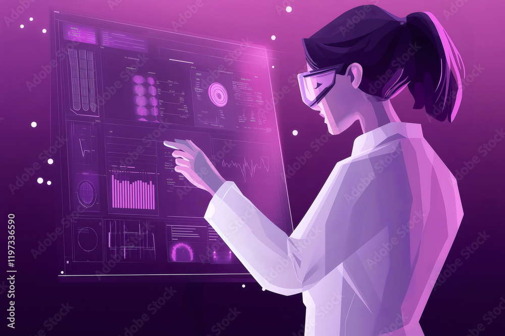 Scientist wearing goggles engaging with a futuristic digital interface showcasing data analysis, graphs, and medical imagery in vibrant purple hues Scientist wearing goggles engaging with a futuristic digital interface showcasing data analysis, graphs, and medical imagery in vibrant purple hues