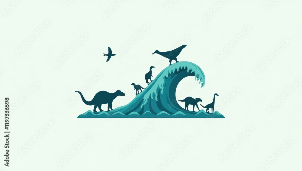 wave with prehistoric animals icons 2d flat icons illustration wave with prehistoric animals icons 2d flat icons illustration