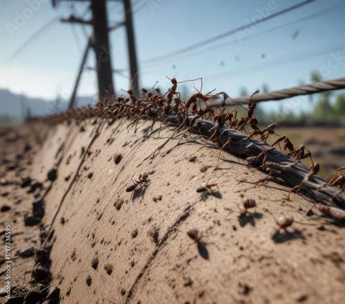 An army of ants on a damaged and frayed power line , power, golden, polarised photo