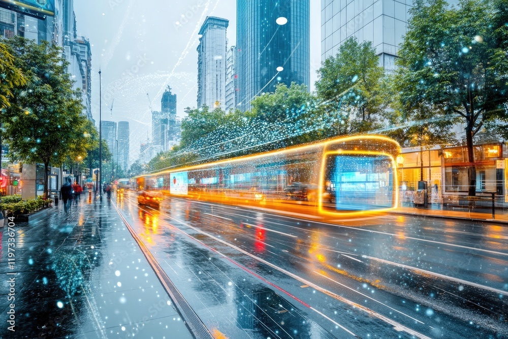 Obraz premium Futuristic Bus Speeds Through Rainy City Street at Night