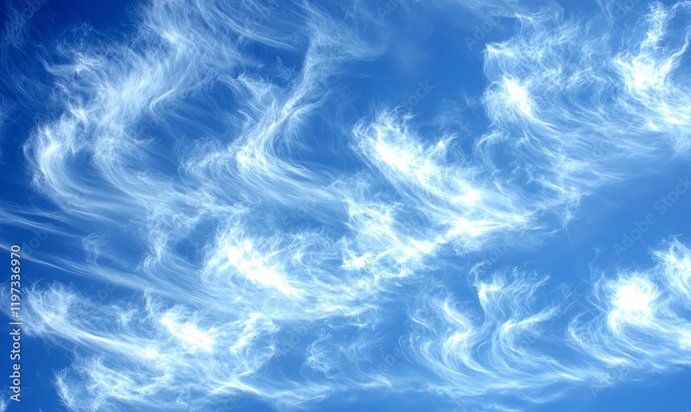 Obraz premium Wispy white clouds streak across a vibrant blue sky, ideal for nature backgrounds