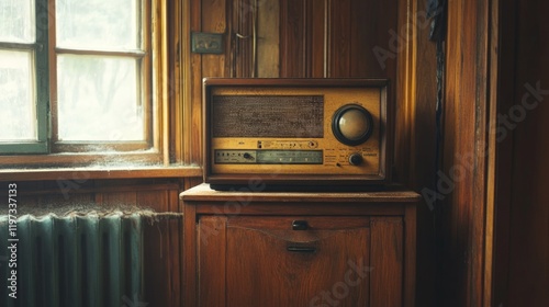 Vintage radio with wood paneling and tubes. Sits on an old-fashioned wooden cabinet. Antique analogue radio set.