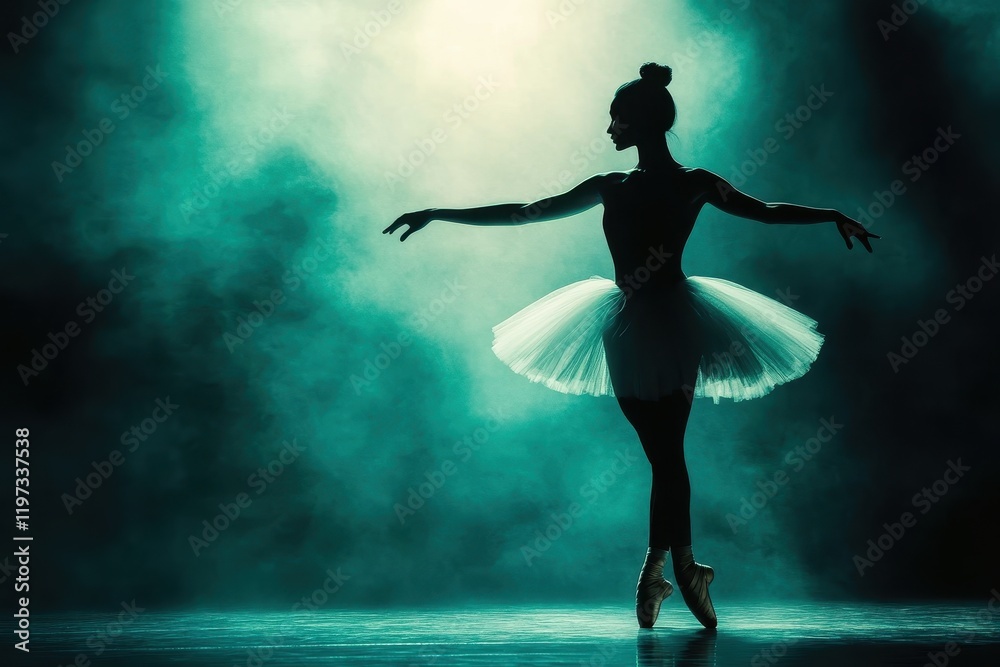 A graceful ballet dancer poses in a dramatic foggy backdrop, highlighting elegance and poise in a stunning silhouette.