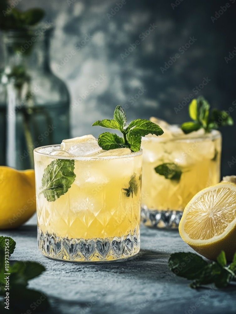 Fototapeta premium Two cocktails with gin, tonic water, slices of lemon and mint leaves for a refreshing summer drink.