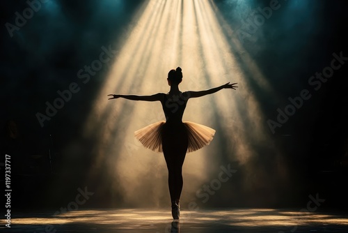 A silhouette of a ballet dancer in a tutu, performing under dramatic stage lighting, creating a captivating and ethereal atmosphere. photo