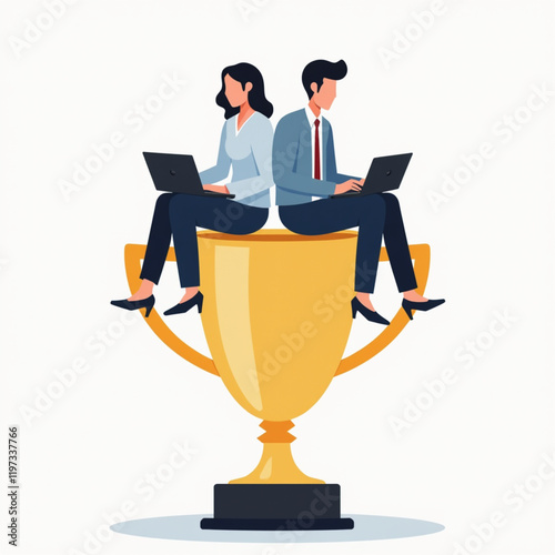 A businessman and a businesswoman sitting on trophies, each holding a laptop, showing analysis and evaluation of business performance to become the best in their respective fields. Vector illustration