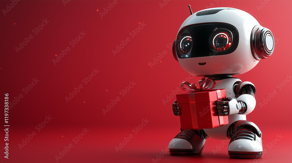 robot with red gift box robot with red gift box