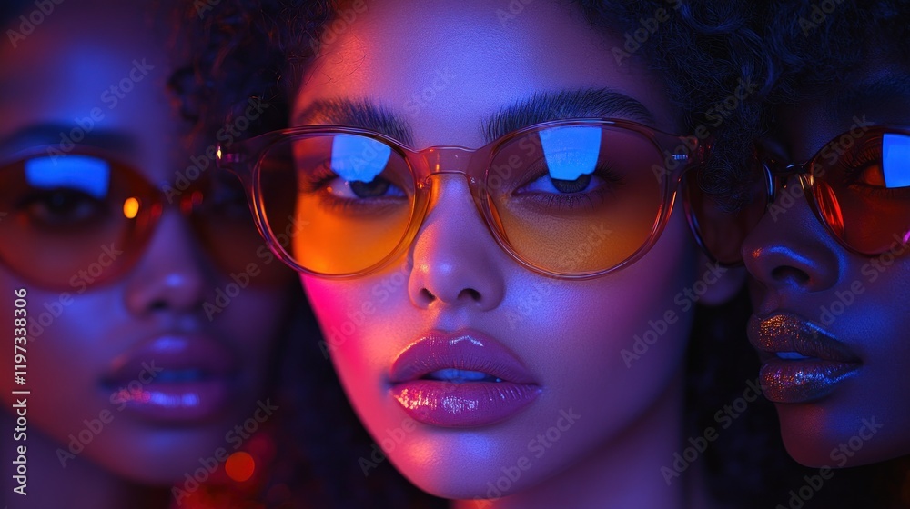 Neon Nights: A Trio of Stylish Women in Retro Sunglasses Neon Nights: A Trio of Stylish Women in Retro Sunglasses