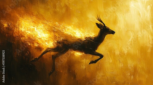 Fiery deer leaping through golden flames, dramatic wildlife artwork.
