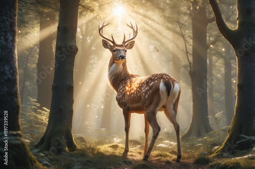 Majestic deer in sunlit forest. (1) photo