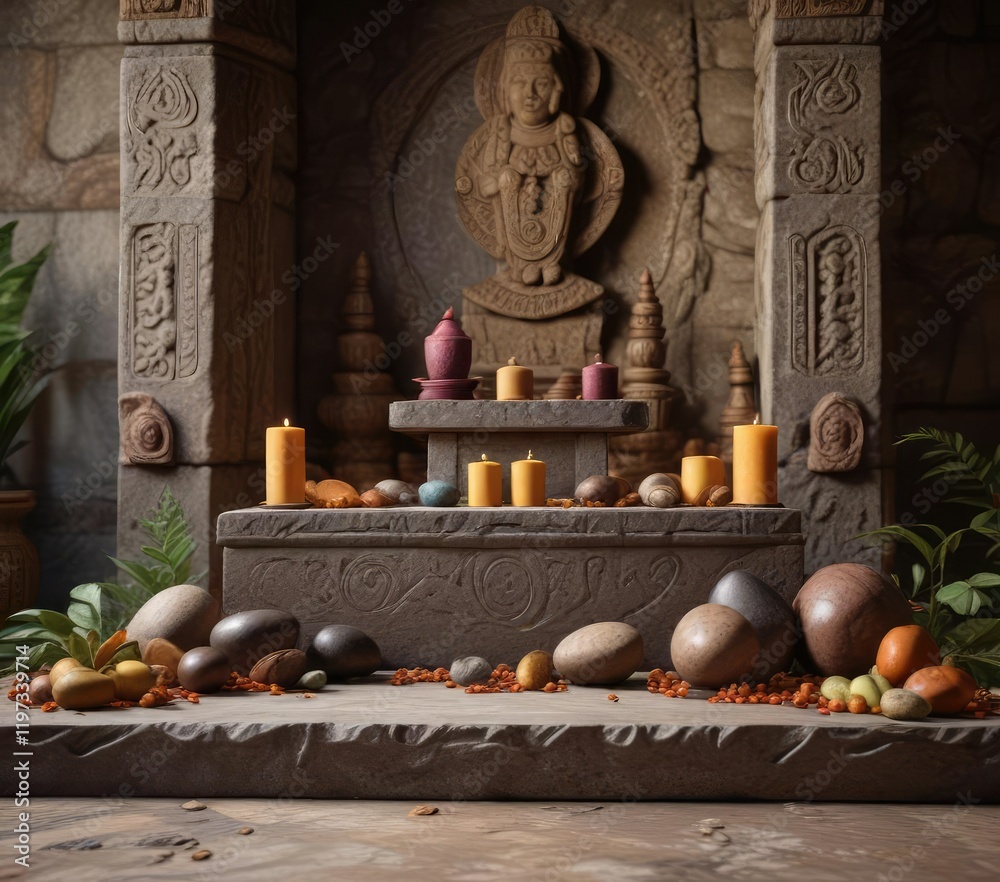 Fototapeta premium A stone altar with ceremonial objects and cacao, spiritual practice, sacred space, mysticism