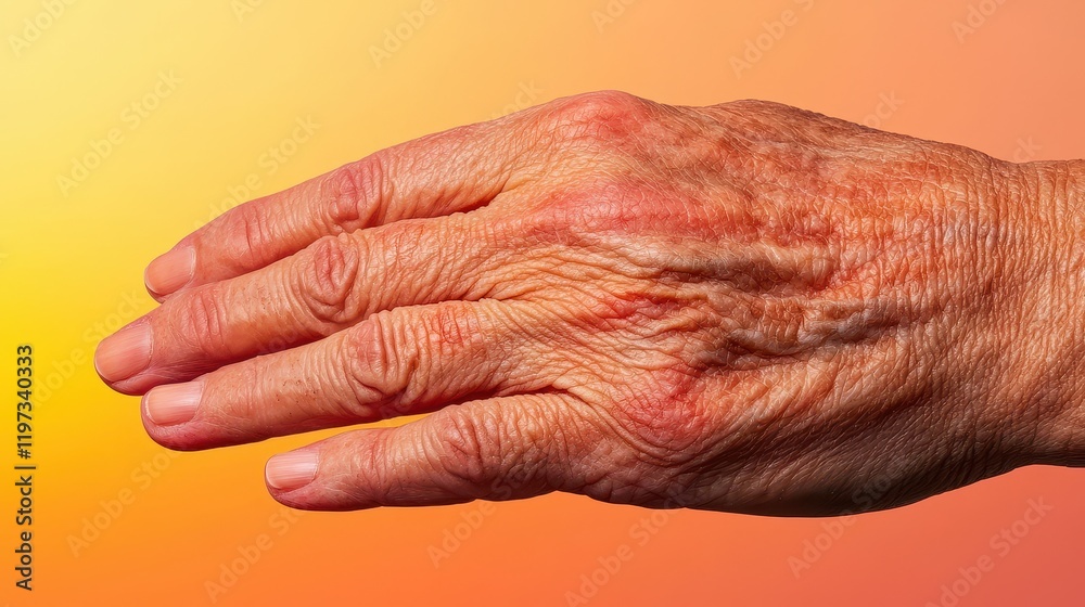 Fototapeta premium Skin Damaged Sun Concept, Aged Hand with Visible Wrinkles and Sunburn Highlighting Age Spots Against an Orange Gradient Background