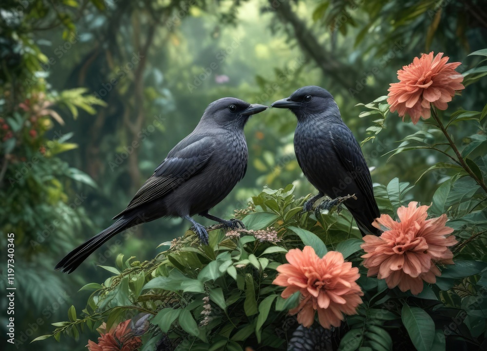 Fototapeta premium A stunning image of an Ashy Drongo perched on a floral arrangement amidst the foliage, botanical, outdoor scene