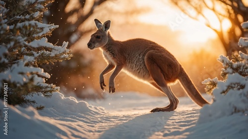 A kangaroo hops through a snowy landscape at sunset, showcasing nature's beauty and wildlife. photo