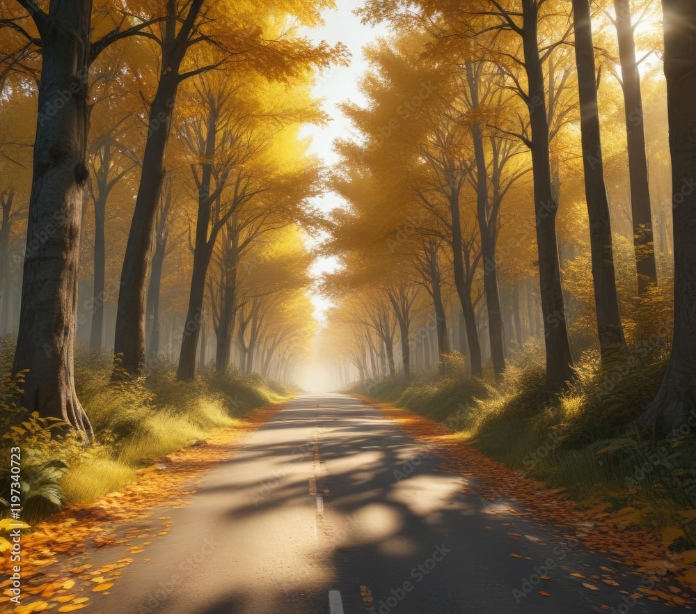 Obraz premium A sun-kissed road that winds its way through a forest of towering trees with leaves shimmering in shades of golden yellow and orange , summer, natural