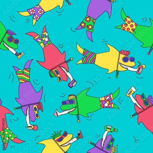 funny cartoon multi-colored sharks in Hawaiian shorts and sunglasses swallowed vacationers. Seamless pattern. Texture for fabric, wrapping, wallpaper. Decorative print.Vector illustration