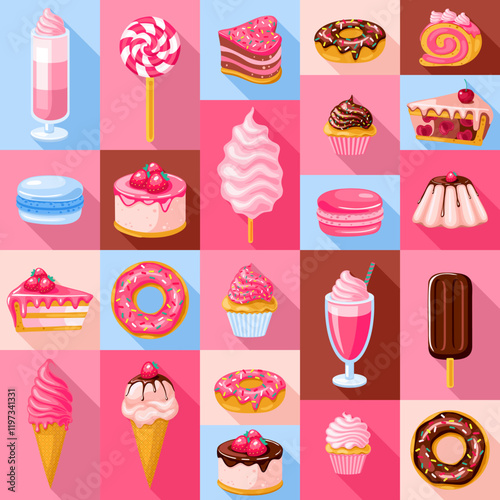 set of pink sweet food for candy shop. Donut, ice cream, muffin, milkshake, macaroon and candies with pink and chocolate topping.Vector illustration Vector illustration for your design.