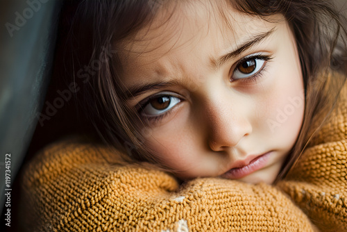 Portrait of a little girl, she is sad photo