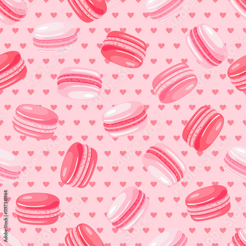Seamless pattern of pink macaroon cakes on pink background. Texture for fabric, wrapping, wallpaper. Decorative print.