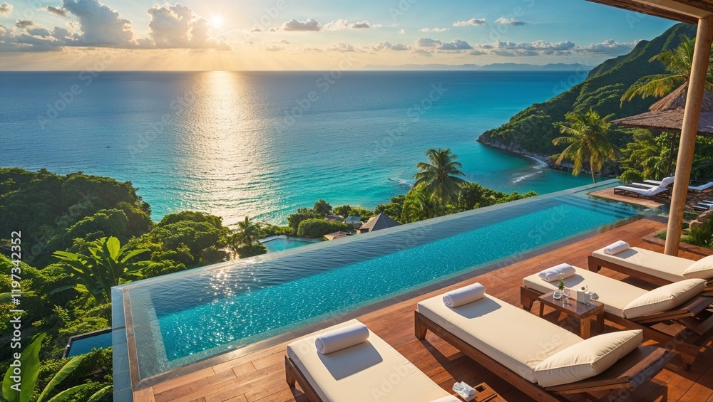Obraz premium Stunning Panoramic View from a Luxurious Exotic Hotel Overlooking a Serene Beach and Clear Waters