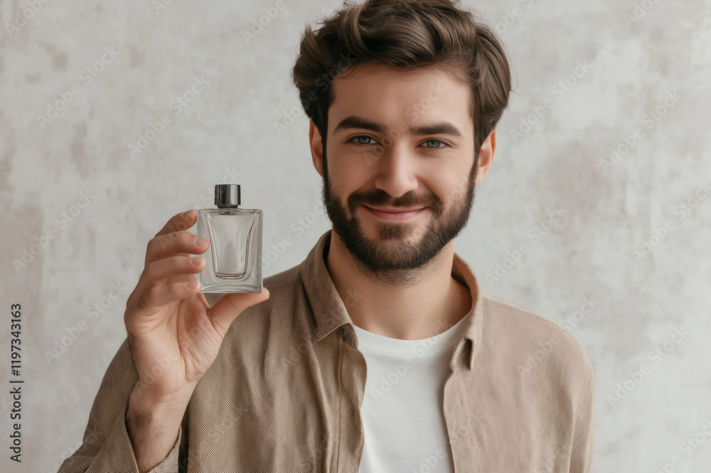 Fototapeta premium Bearded influencer smiling while holding a glass bottle of luxury perfume, promoting an enticing fragrance with style and confidence
