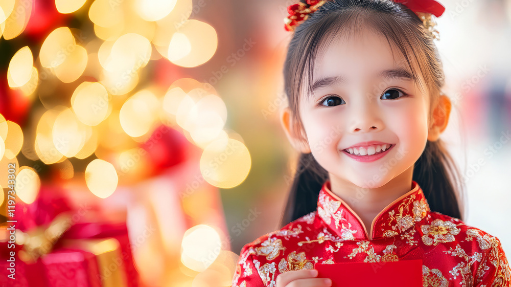 Joyful Young Girl in (Chinese New Year) Traditional Outfit Smiling with Red Envelope Celebration in Background Joyful Young Girl in (Chinese New Year) Traditional Outfit Smiling with Red Envelope Celebration in Background