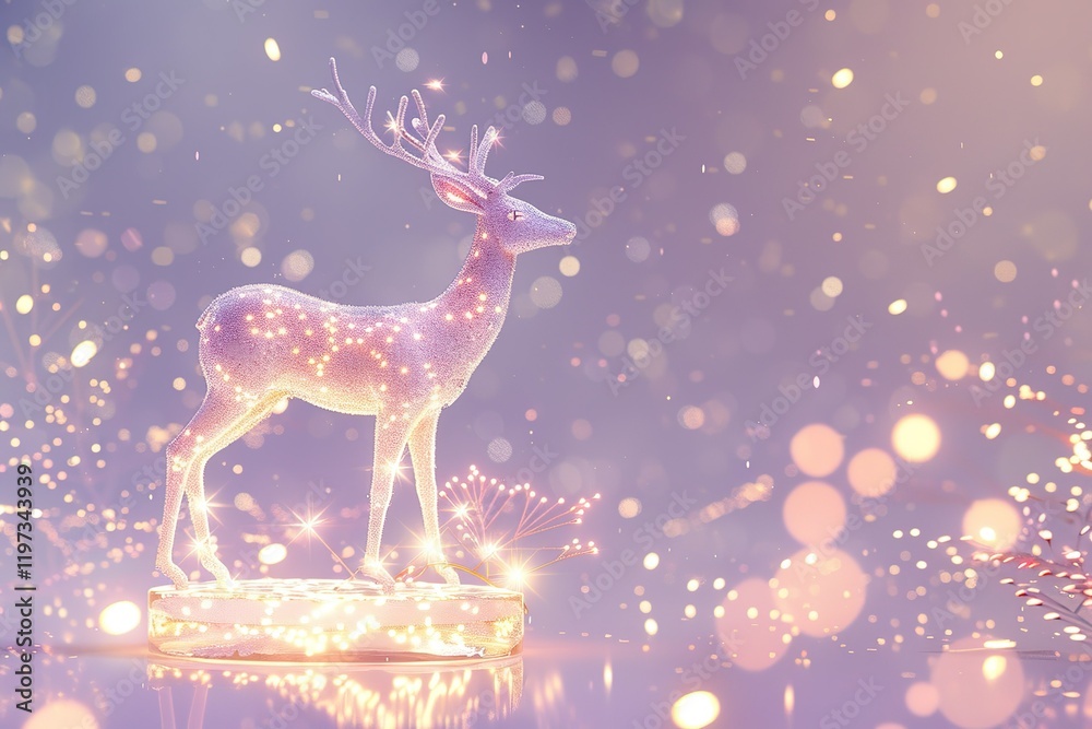 Holy light, crystal white deer, very detailed 3d animation,super clear, transparent, focusing light, optics, realism, Felt Christmas bell garlandred podium, pale violet background magic, fantasy, Holy light, crystal white deer, very detailed 3d animation,super clear, transparent, focusing light, optics, realism, Felt Christmas bell garlandred podium, pale violet background magic, fantasy,