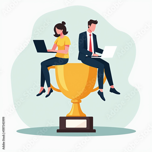 A businessman and a businesswoman sitting on trophies, each holding a laptop, showing analysis and evaluation of business performance to become the best in their respective fields. Vector illustration