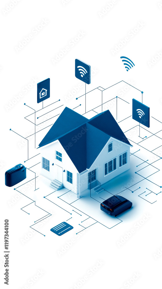 A modern house illustration with connected smart technology icons, symbolizing the concept of a smart home and IoT integration. A modern house illustration with connected smart technology icons, symbolizing the concept of a smart home and IoT integration.