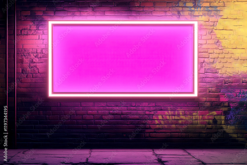 Naklejka premium Empty glowing rectangular frame with vibrant pink neon light illuminating a grungy brick wall, ideal for advertising and marketing