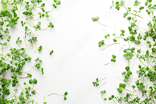 Delicate green microgreens spread across a serene white background, capturing the essence of freshness, health, and culinary creativity