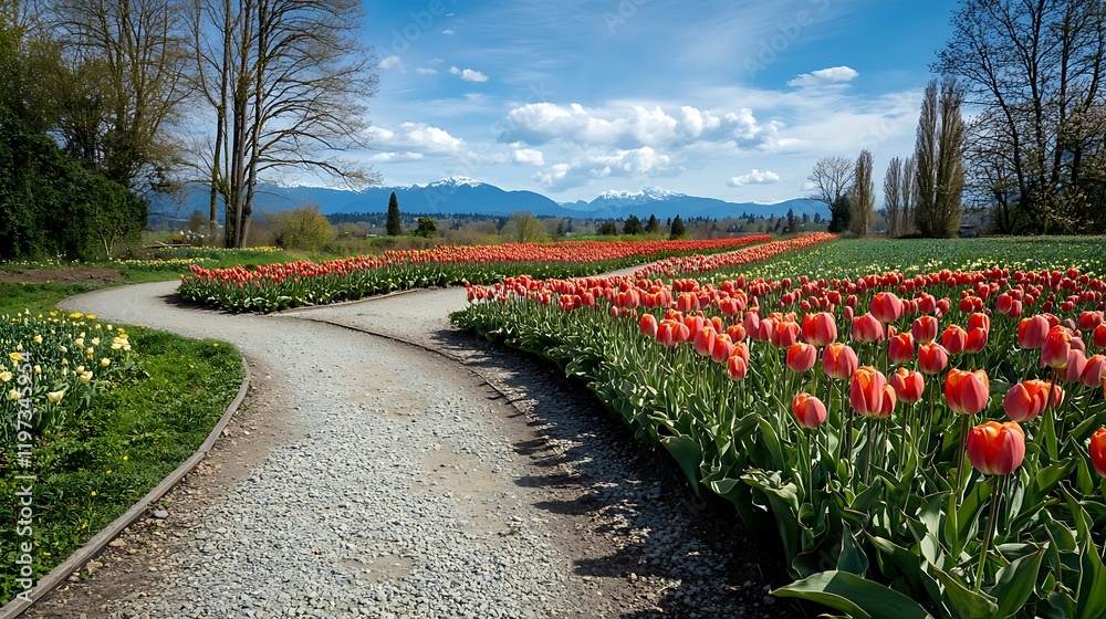 Obraz premium Spring Tulips Bloom Along Winding Path Mountain View