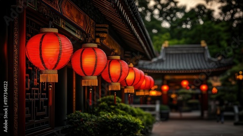 Vibrant Row of Traditional Red Lanterns Hanging Elegantly from Historic Building Creating a Festive Atmosphere Under a Clear Evening Sky