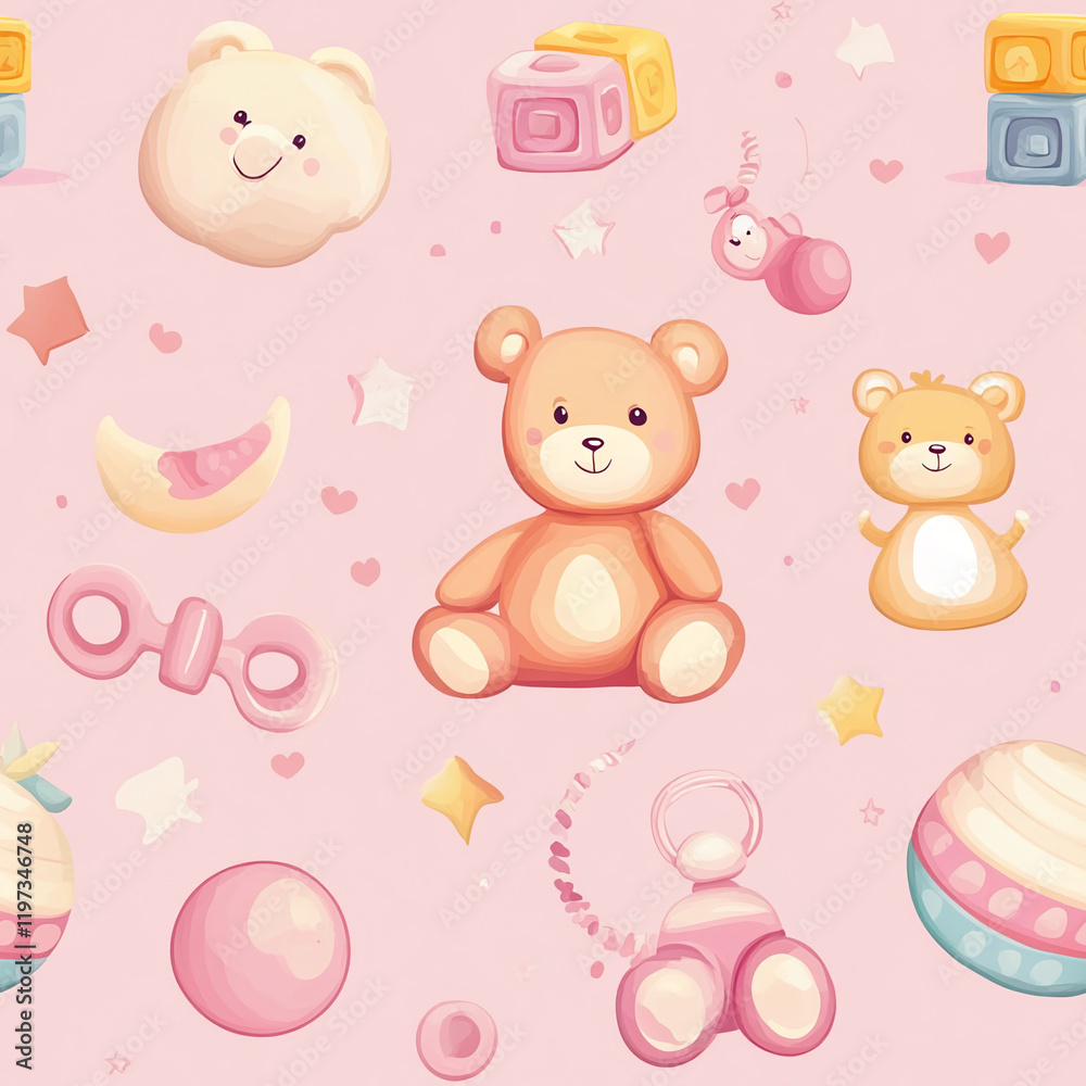 Cute teddy bear and baby toy texture pattern in pastel pink theme