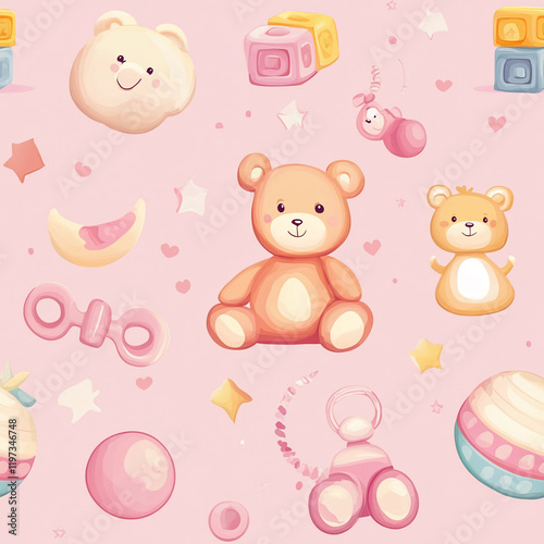 Cute teddy bear and baby toy texture pattern in pastel pink theme