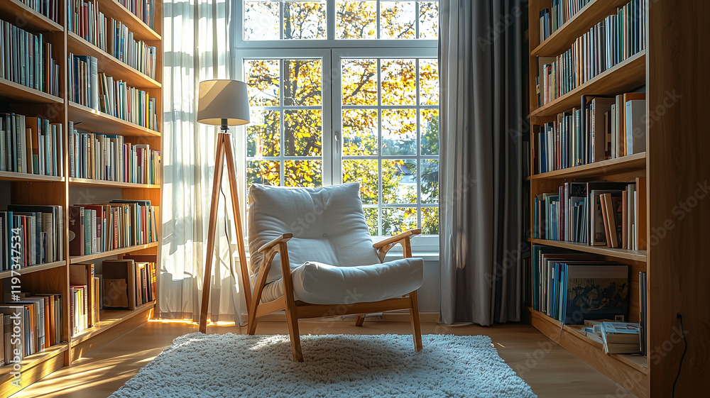 A serene reading corner with a cozy chair, wooden shelves, natural light, and lush greenery through large windows. A serene reading corner with a cozy chair, wooden shelves, natural light, and lush greenery through large windows.