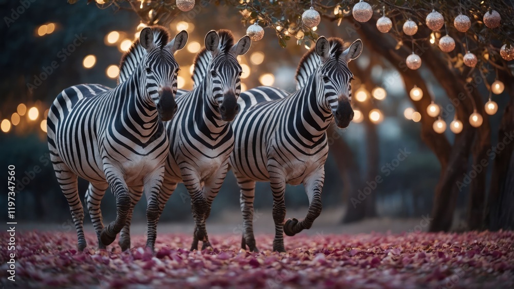 Fototapeta premium Three zebras walking through a flower-strewn path under decorative lights.